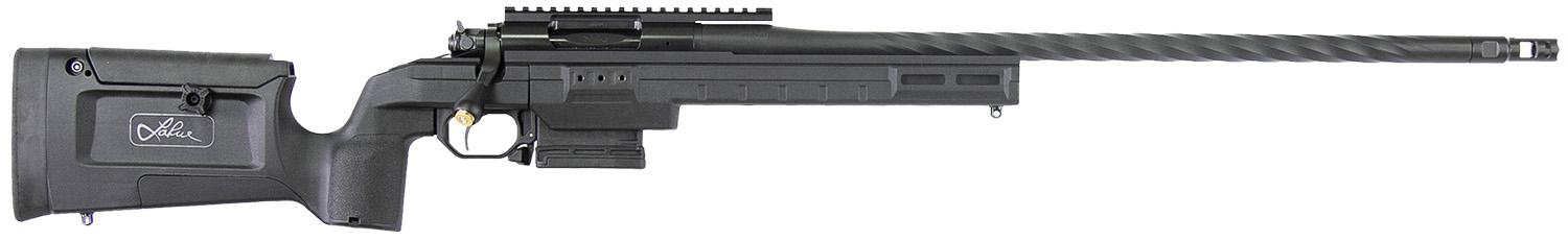 Black bolt-action precision rifle on white background