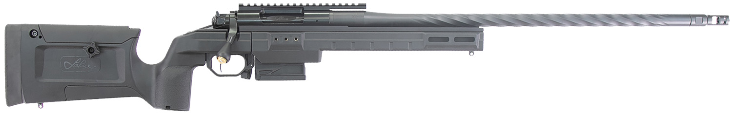 Black bolt-action precision rifle with long barrel