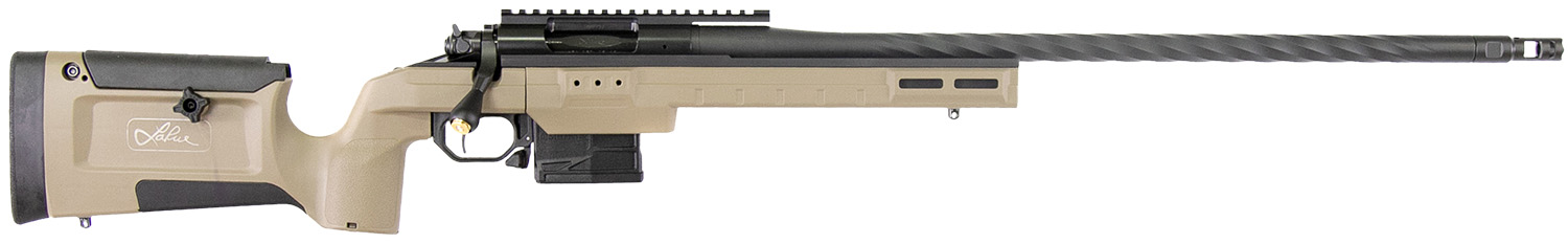 Tan bolt-action rifle with black barrel