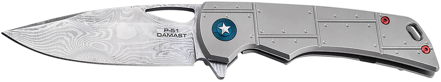Damascus steel folding knife with gray handle