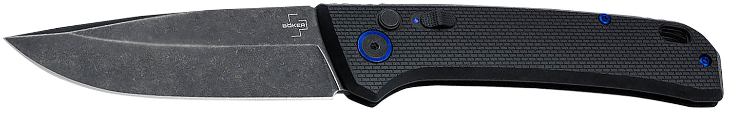 Black folding knife with blue accents