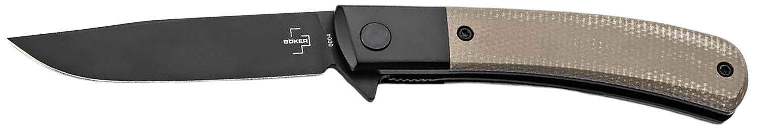 Black folding knife with textured tan handle