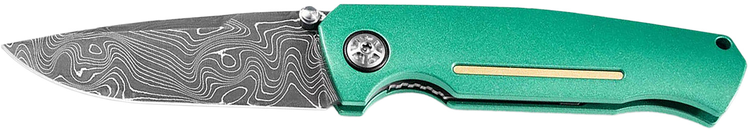 Green folding knife with patterned Damascus blade
