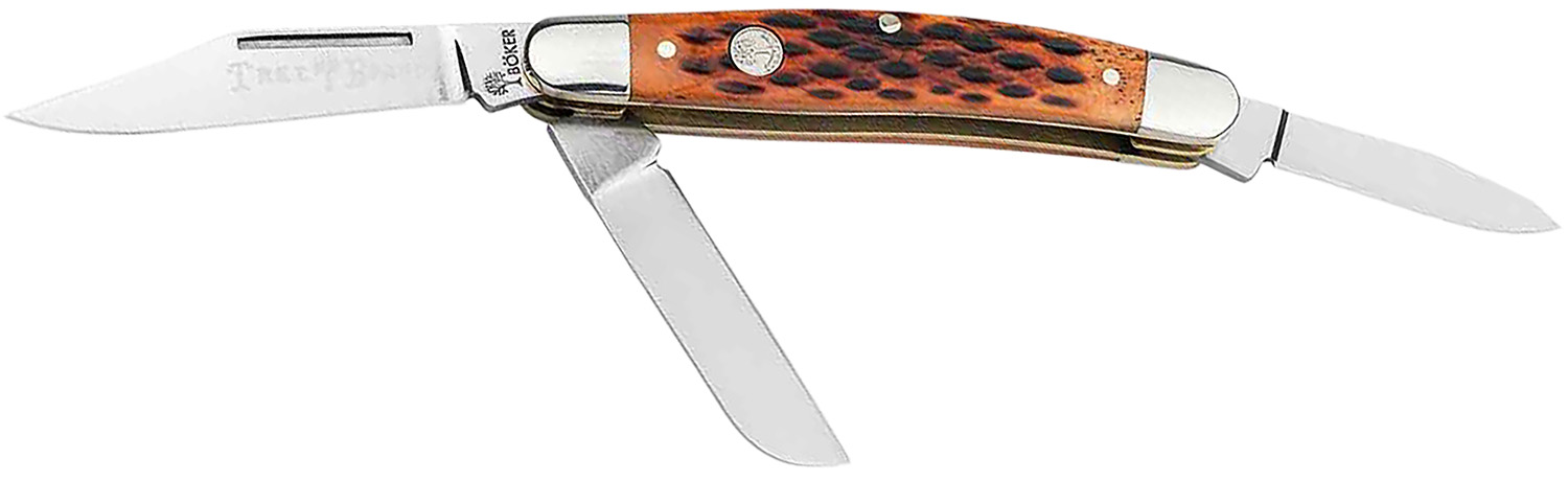 Three-blade folding pocket knife with brown handle