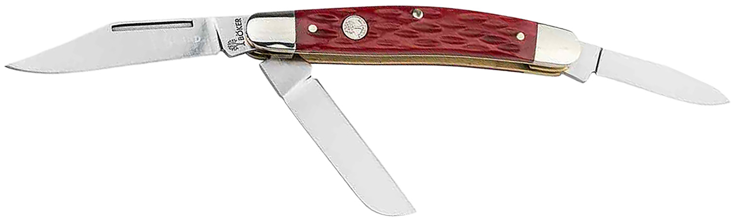 Three-blade folding pocket knife with red handle