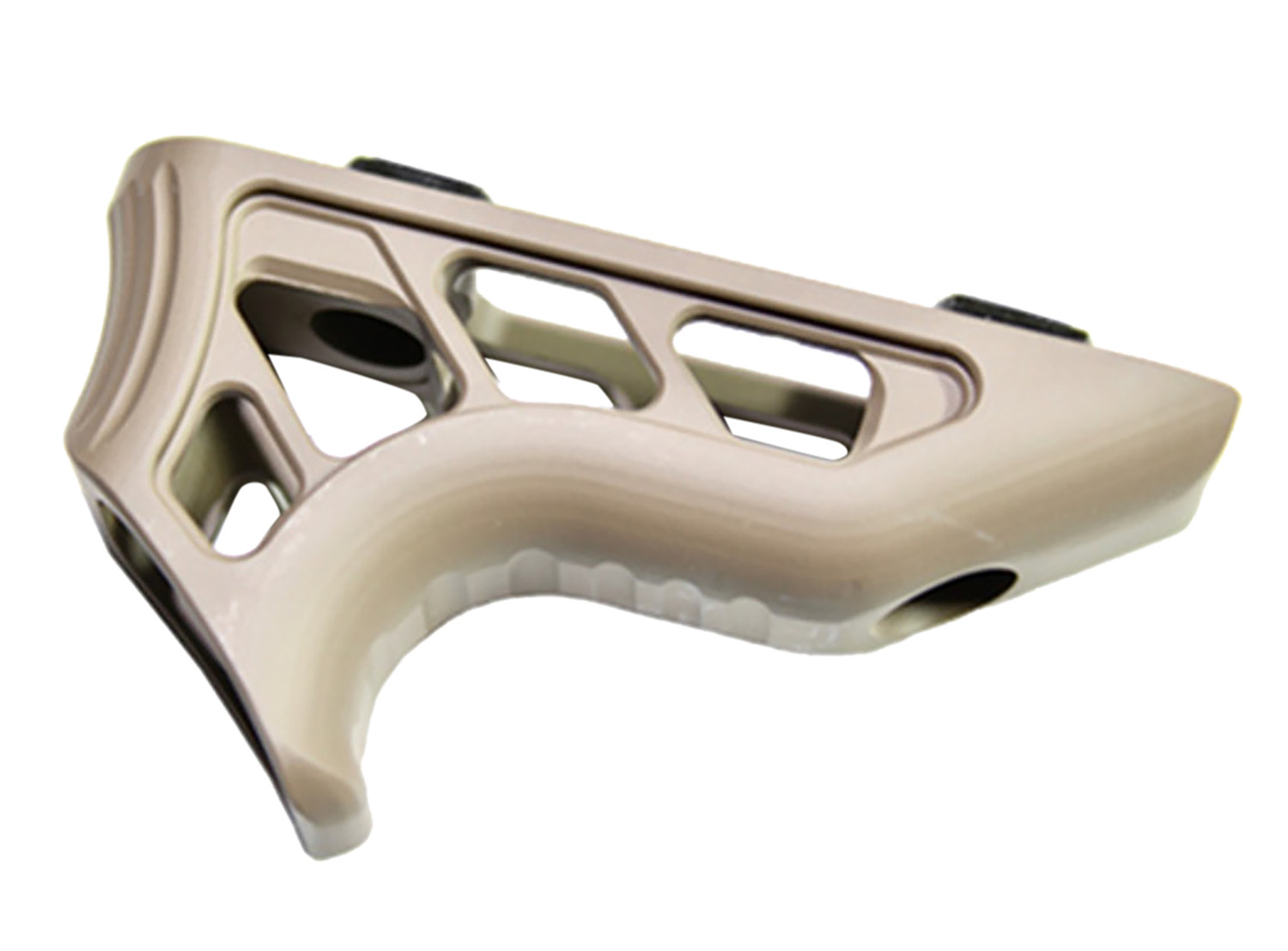 Tan angled foregrip firearm accessory on white background