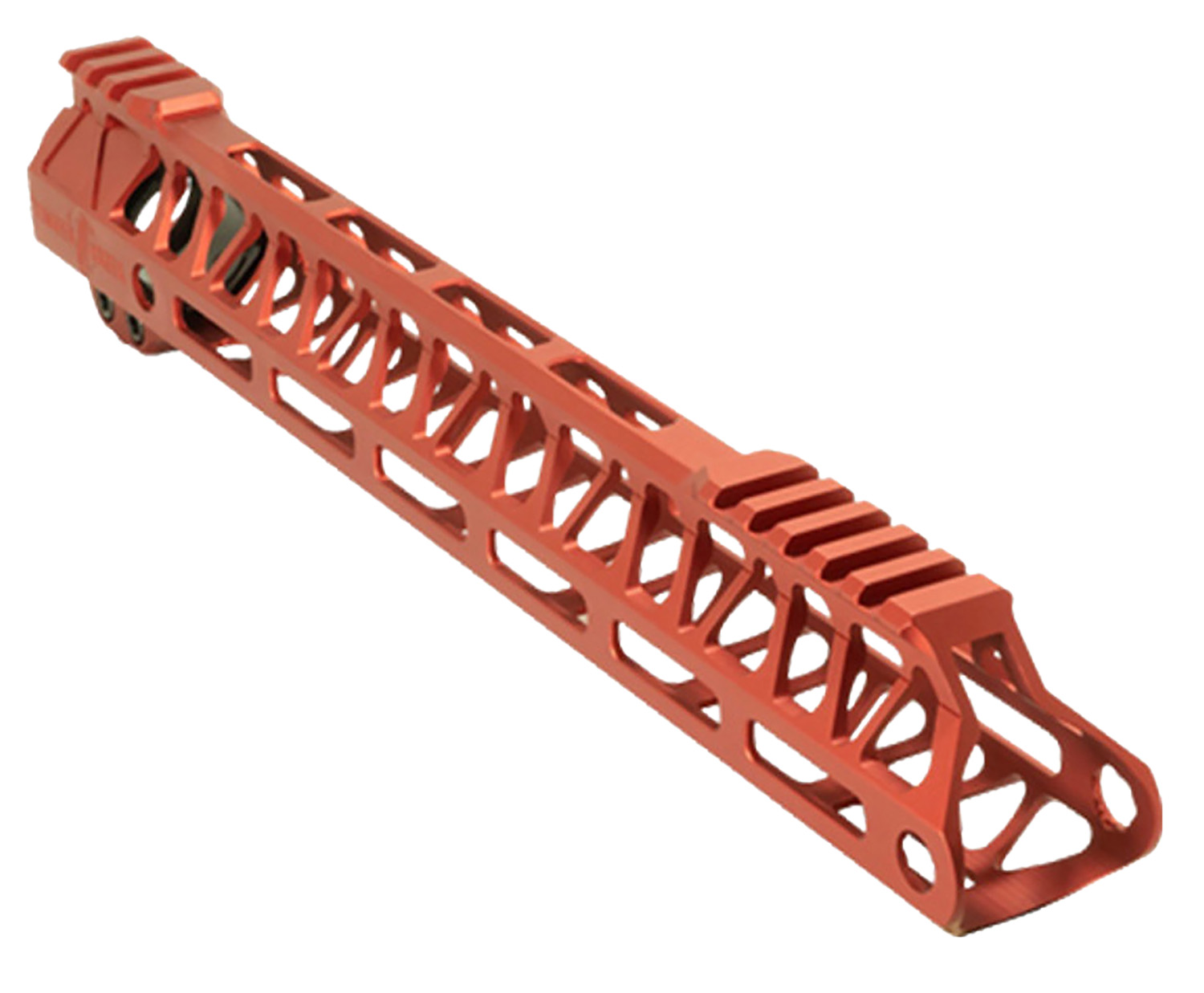 Red skeletonized rifle handguard with Picatinny rail