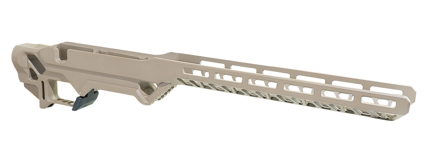 Tan rifle chassis with extended ventilated handguard
