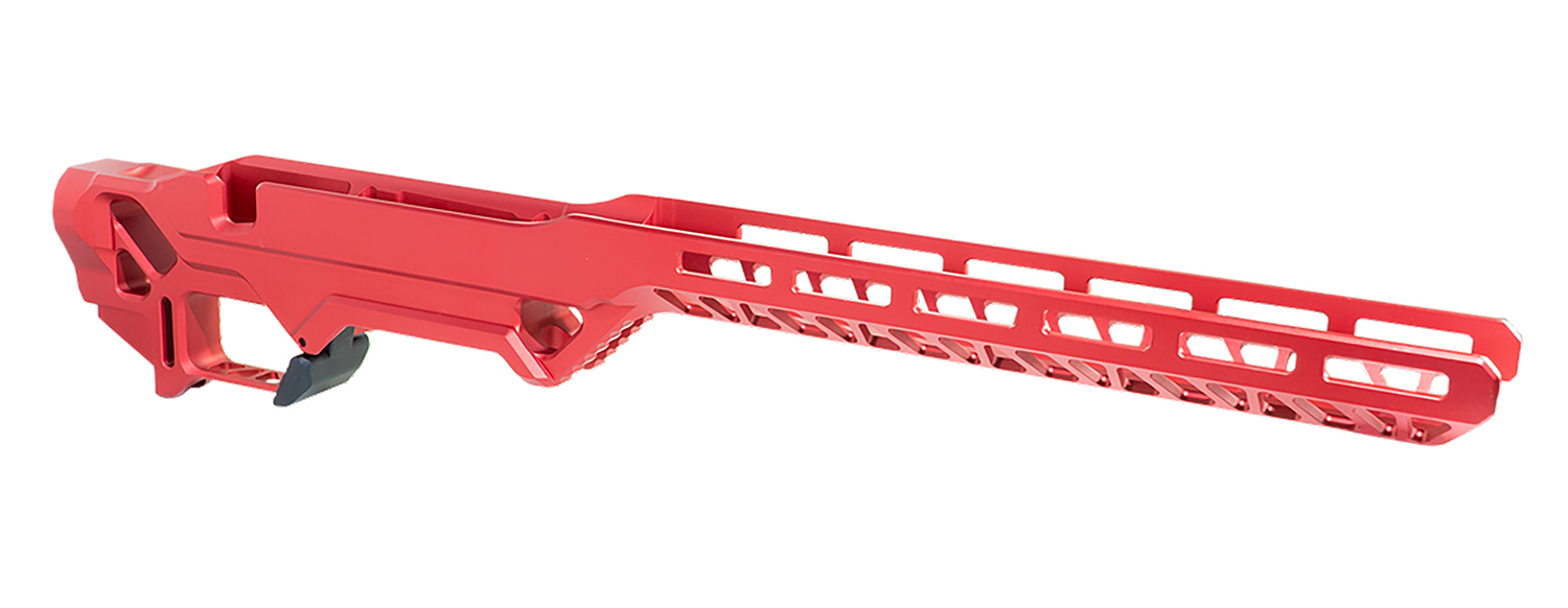 Red rifle chassis with extended handguard