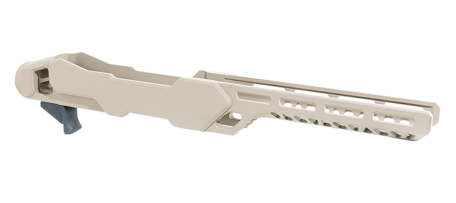 Beige tactical rifle chassis with ventilated handguard