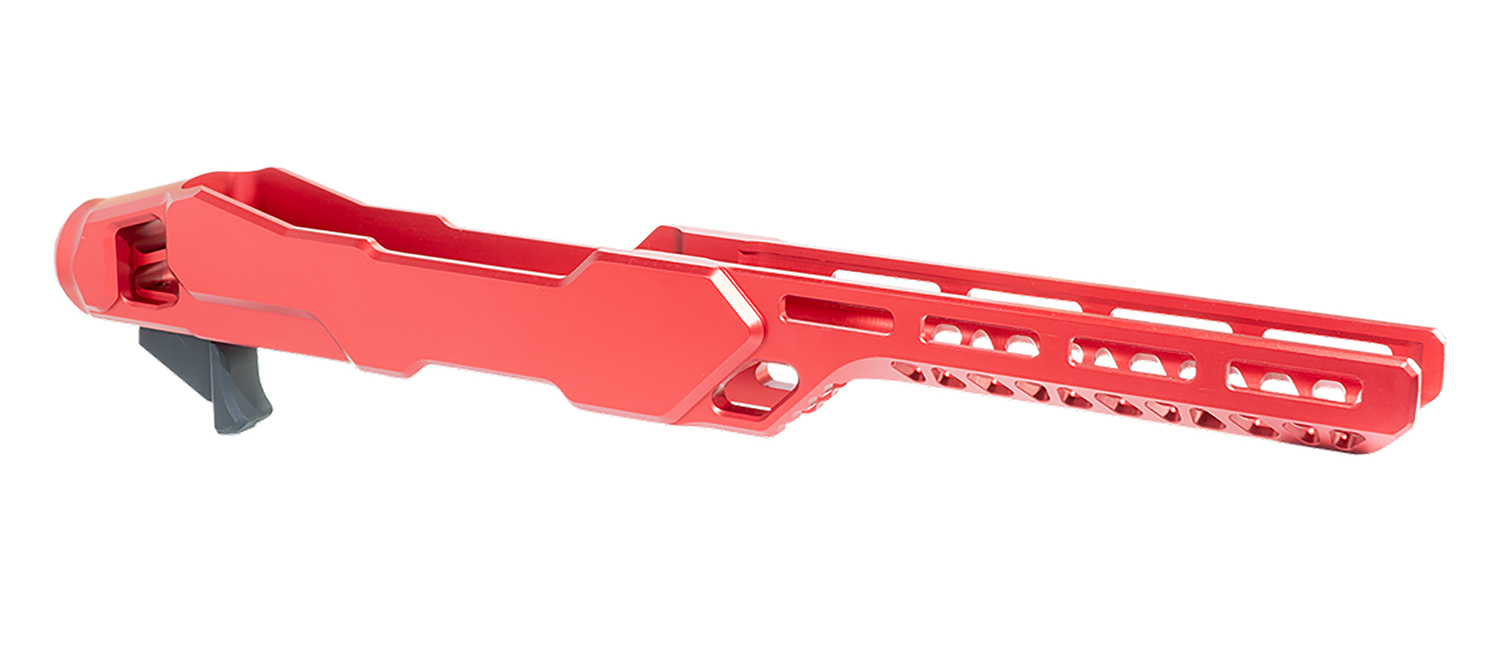 Red tactical rifle stock with ventilated handguard