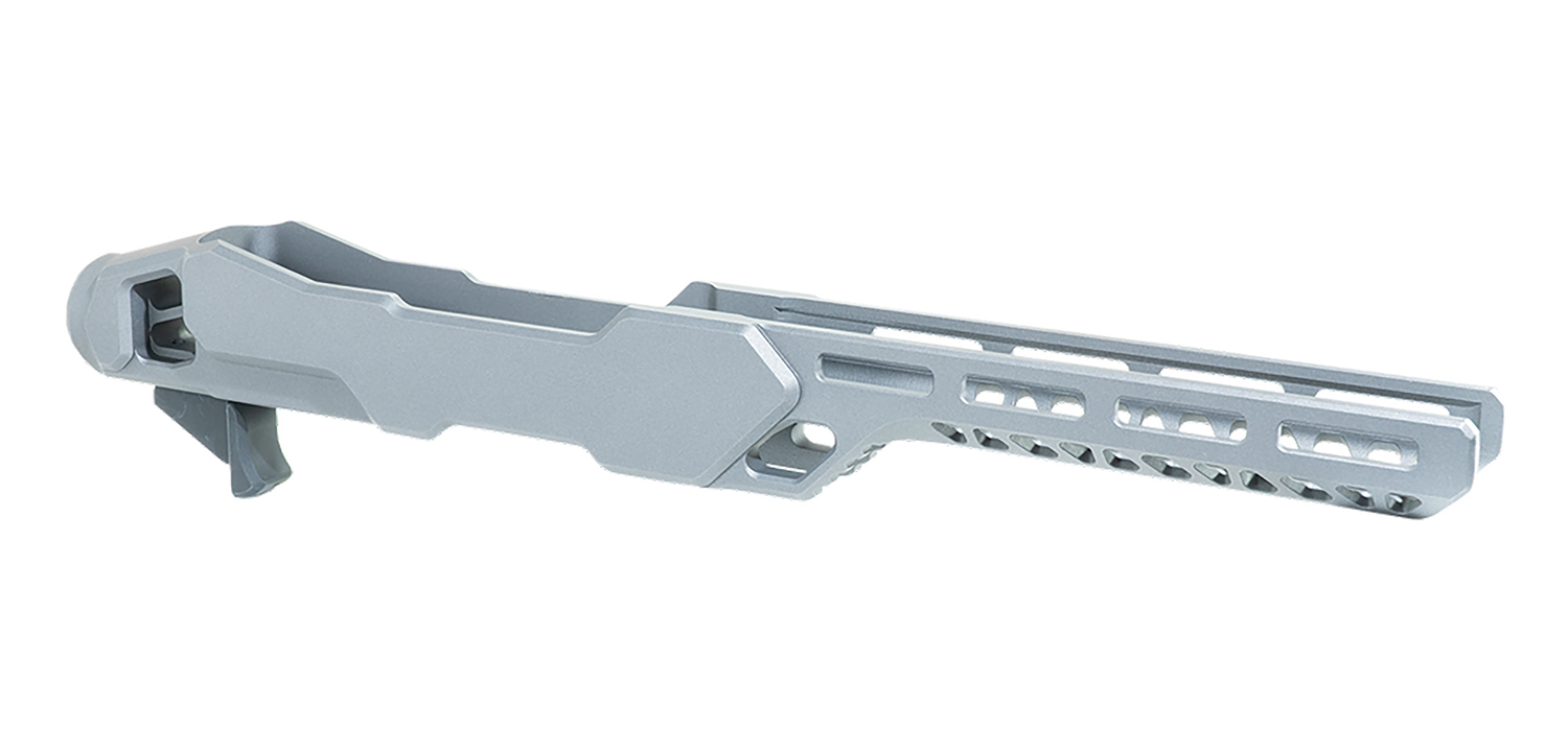 Gray tactical rifle stock with ventilated handguard