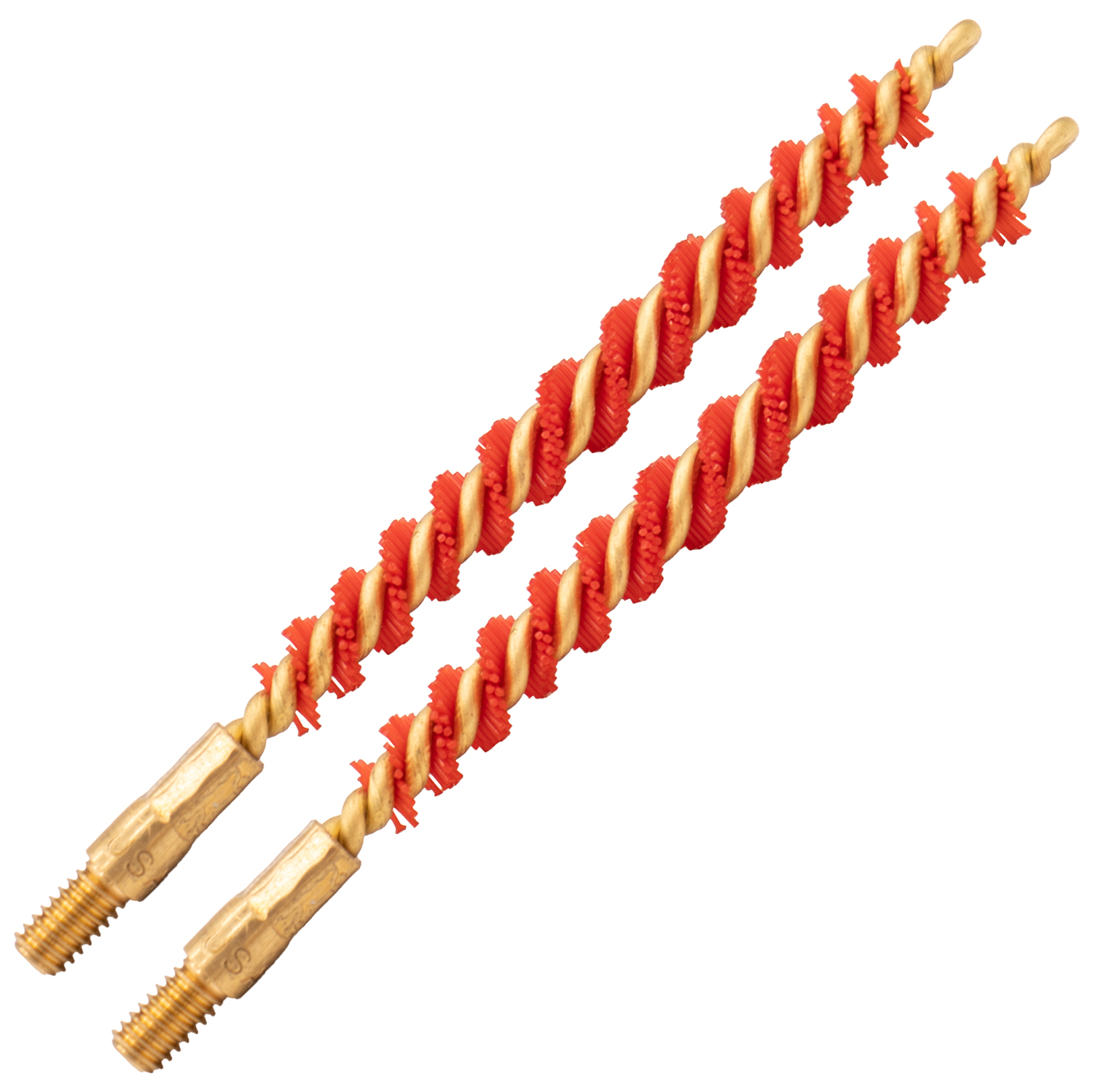 Two twisted gun cleaning brushes with red bristles