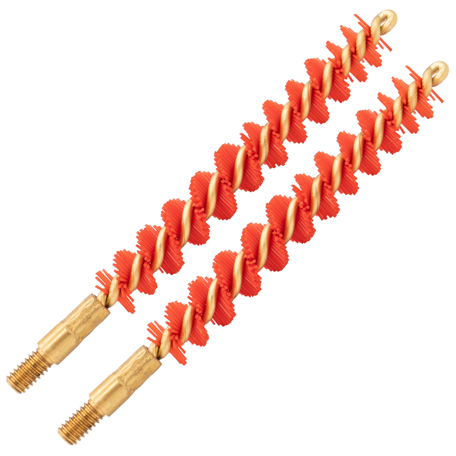 Two red-bristled bore cleaning brushes