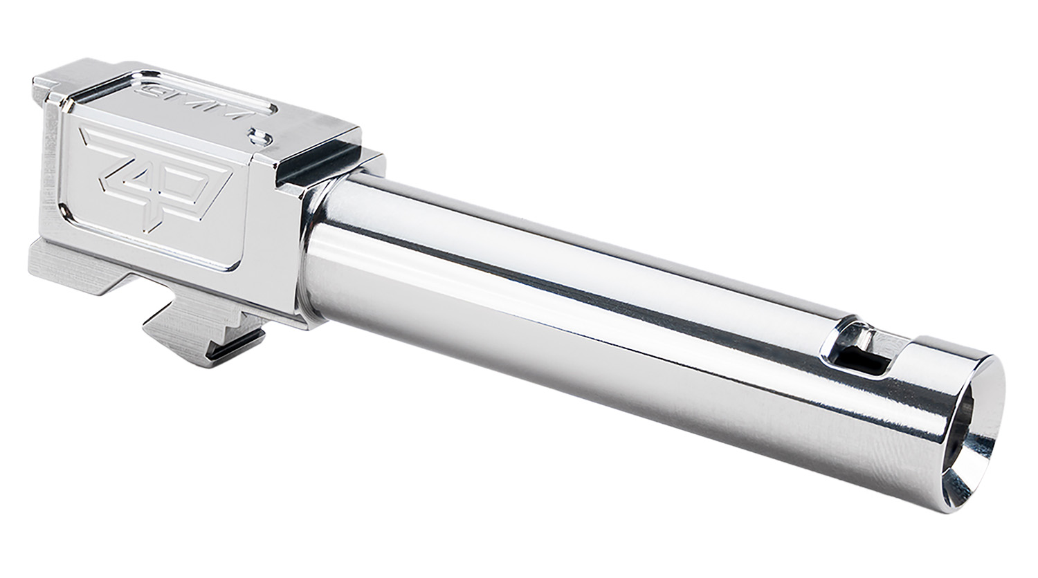 Polished stainless steel handgun barrel with ZP logo