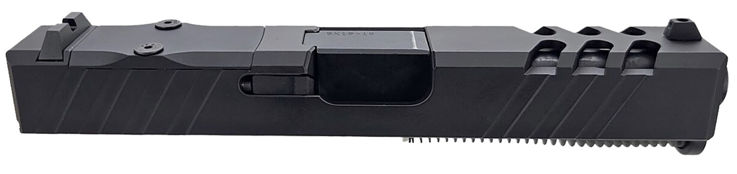 Black semi-automatic pistol slide on white background