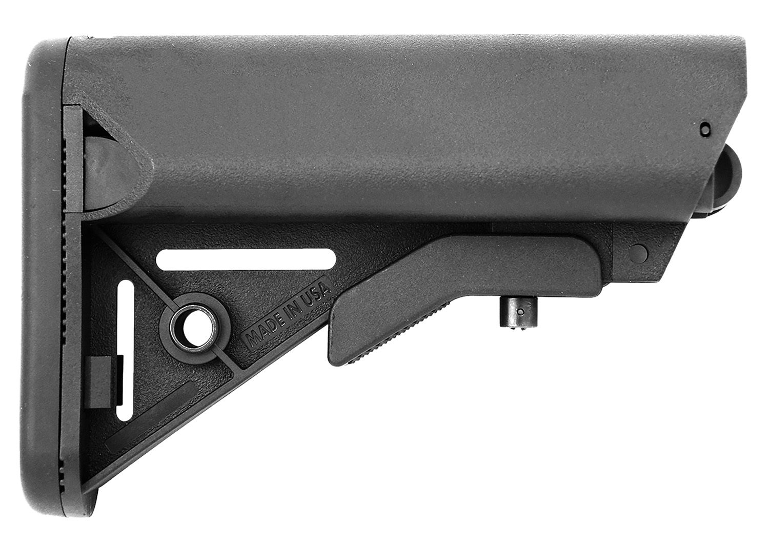 Adjustable black rifle buttstock on white background