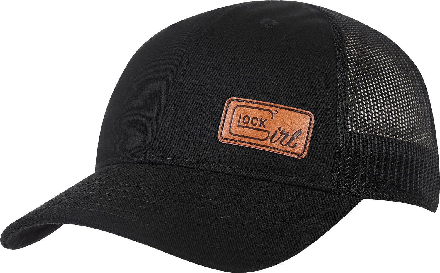 Black trucker hat with brown leather patch