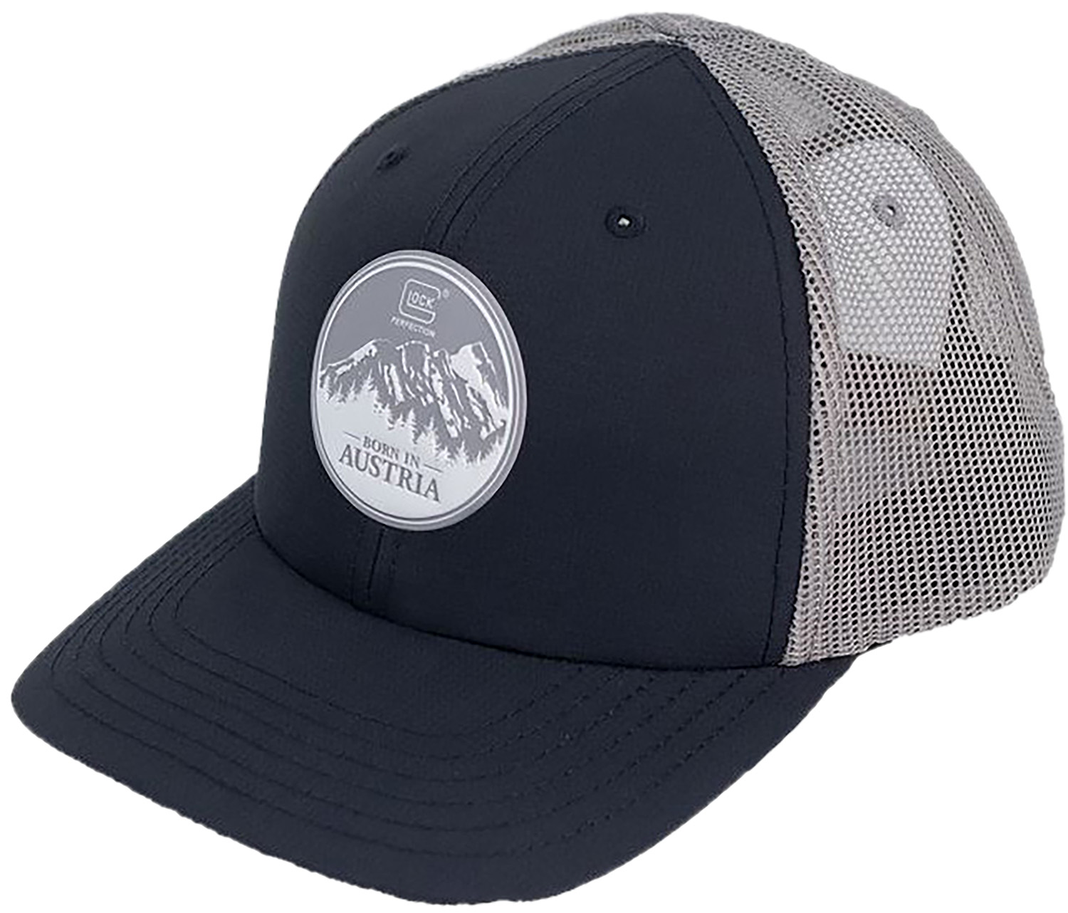 Navy and gray trucker cap with mountain patch