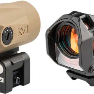 Two compact rifle optics with mounting brackets