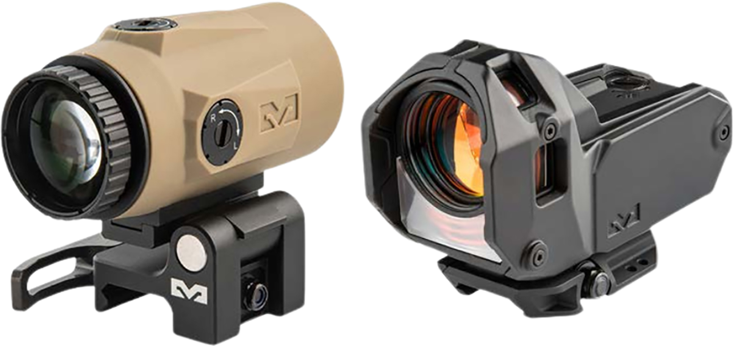 Two compact rifle optics with mounting brackets