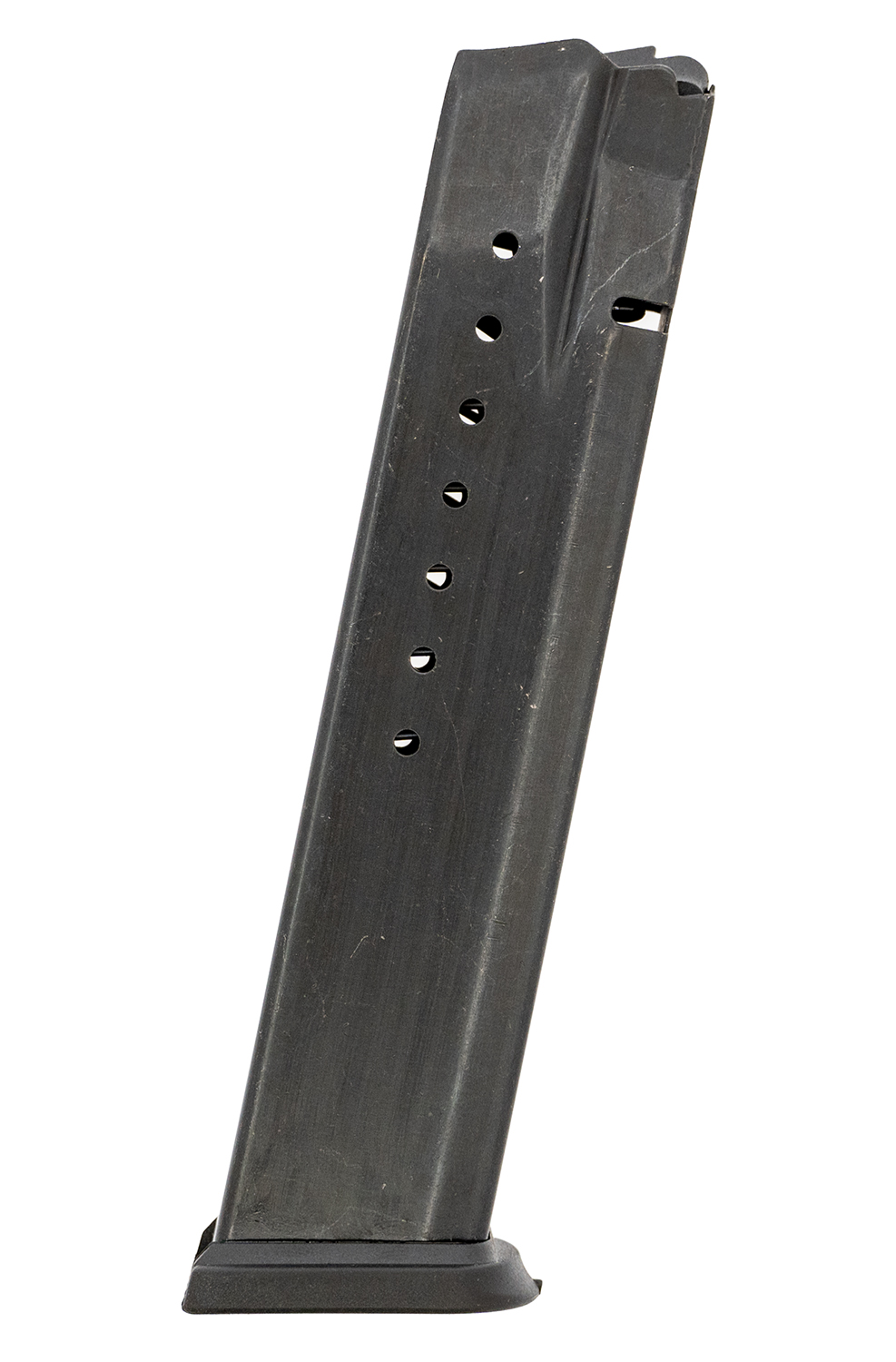 Black metal handgun magazine on white background