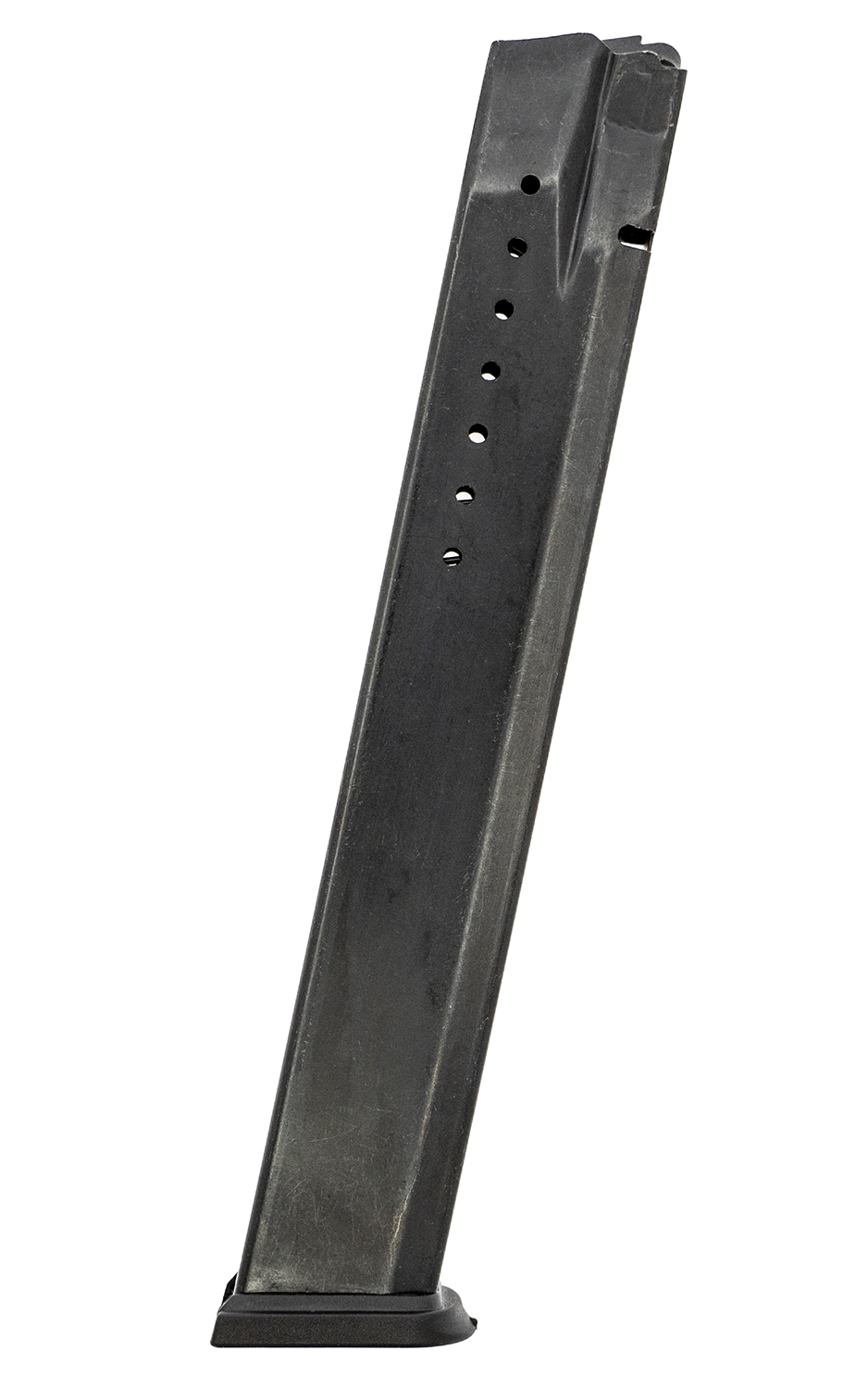 Black metal handgun magazine on white background