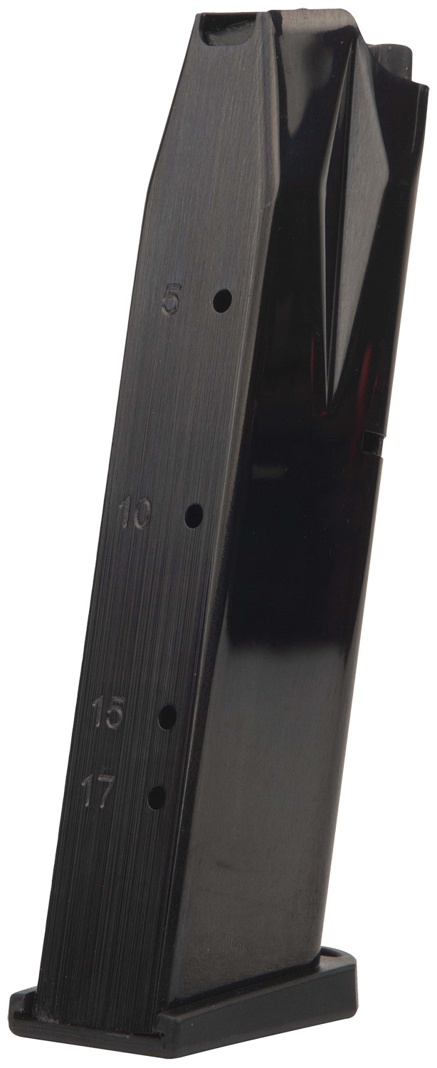 Black handgun magazine with numbered witness holes