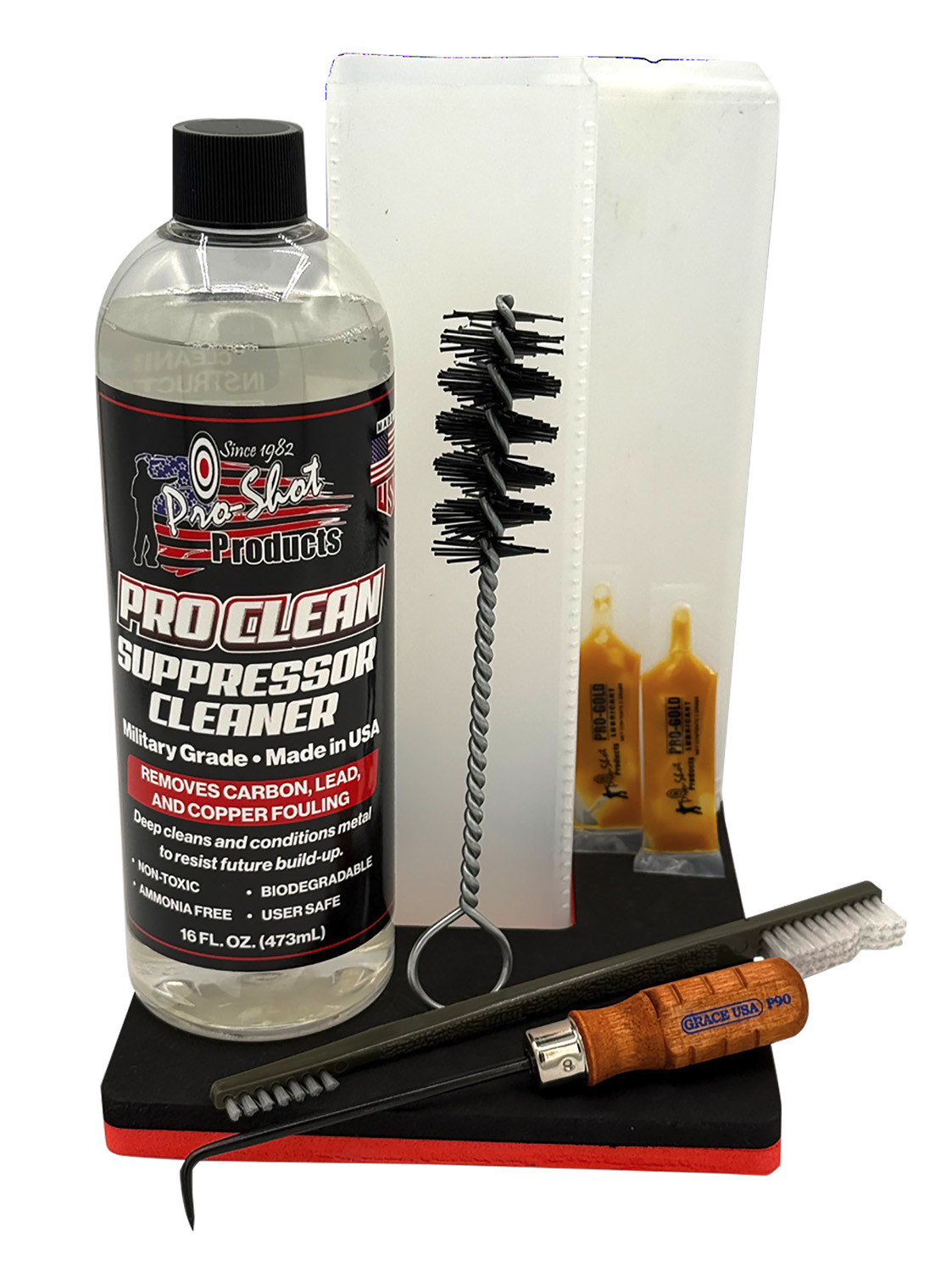 Suppressor cleaning kit with bottle, brushes, and tools