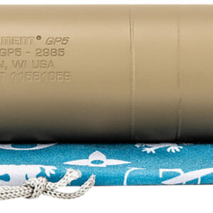 Tan rifle suppressor on blue drawstring pouch