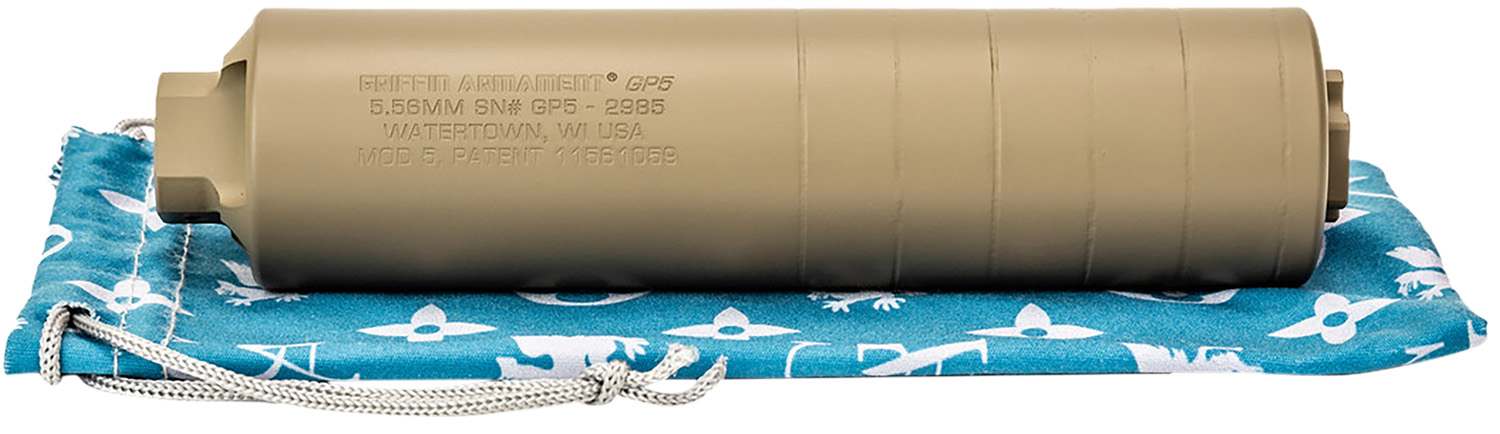 Tan rifle suppressor on blue drawstring pouch