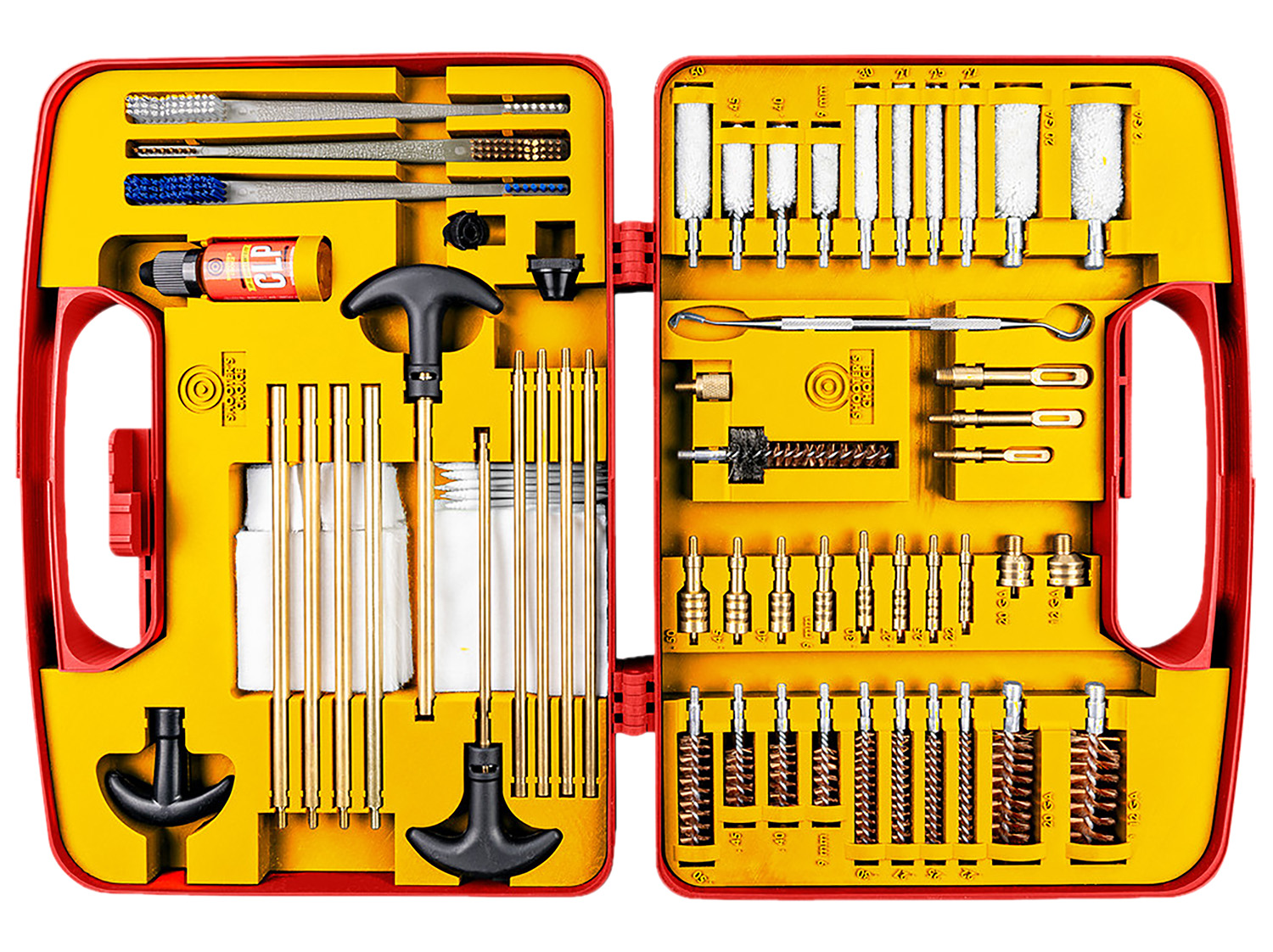 Open gun cleaning kit with brushes and tools