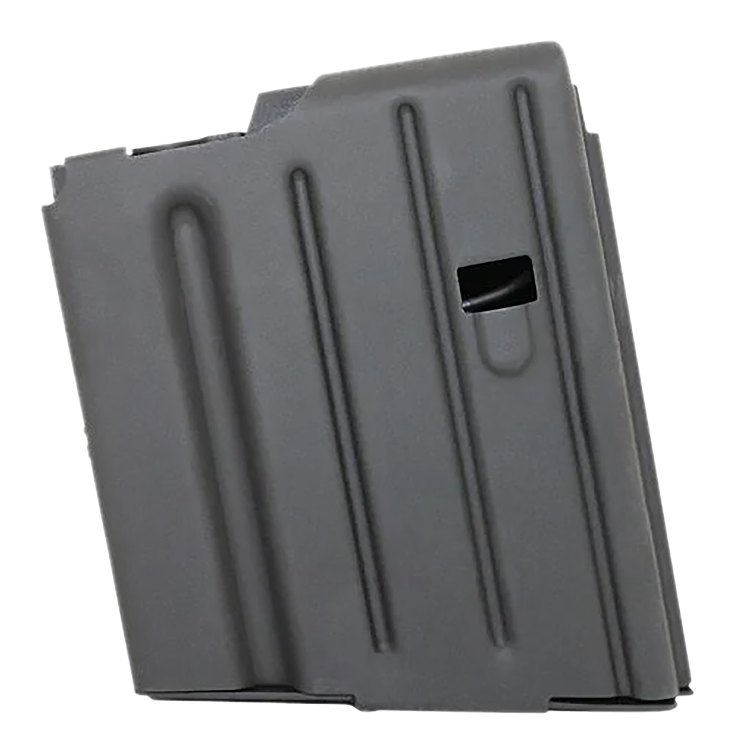 Gray metal rifle magazine on white background