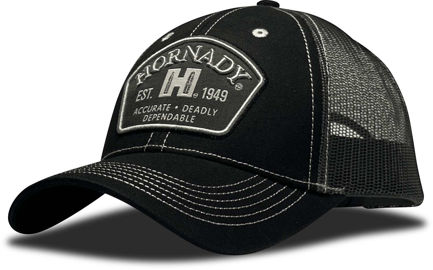 Black Hornady trucker cap with mesh back