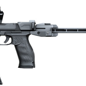 Tactical handgun with stabilizing brace and red dot sight