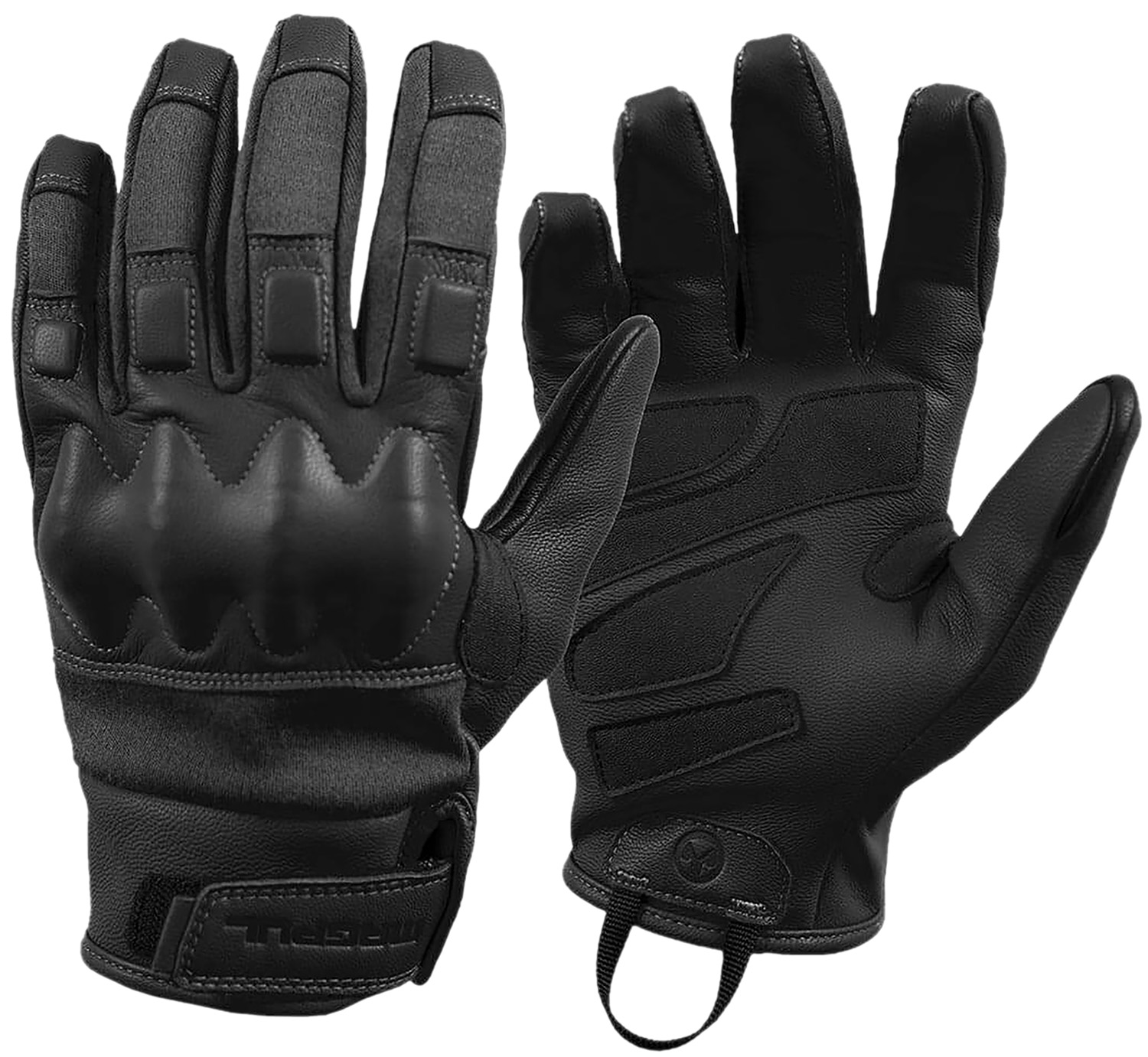 Black protective motorcycle gloves, front and back