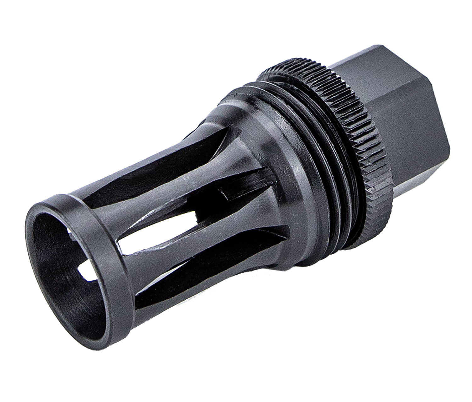 Black metal firearm flash hider muzzle device
