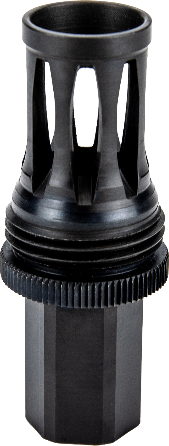 Black metal rifle muzzle brake attachment