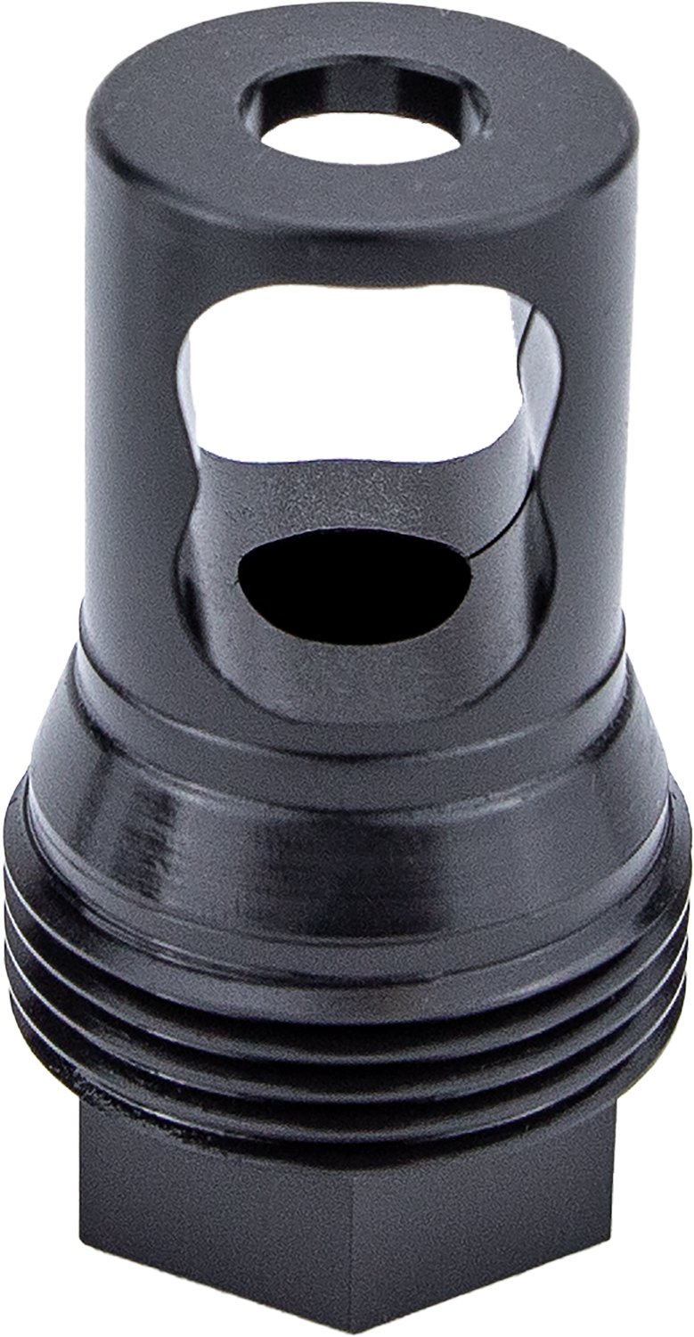 Black threaded metal muzzle brake with side ports