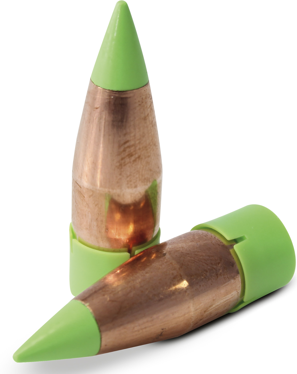 Two green-tipped copper rifle bullets on white background