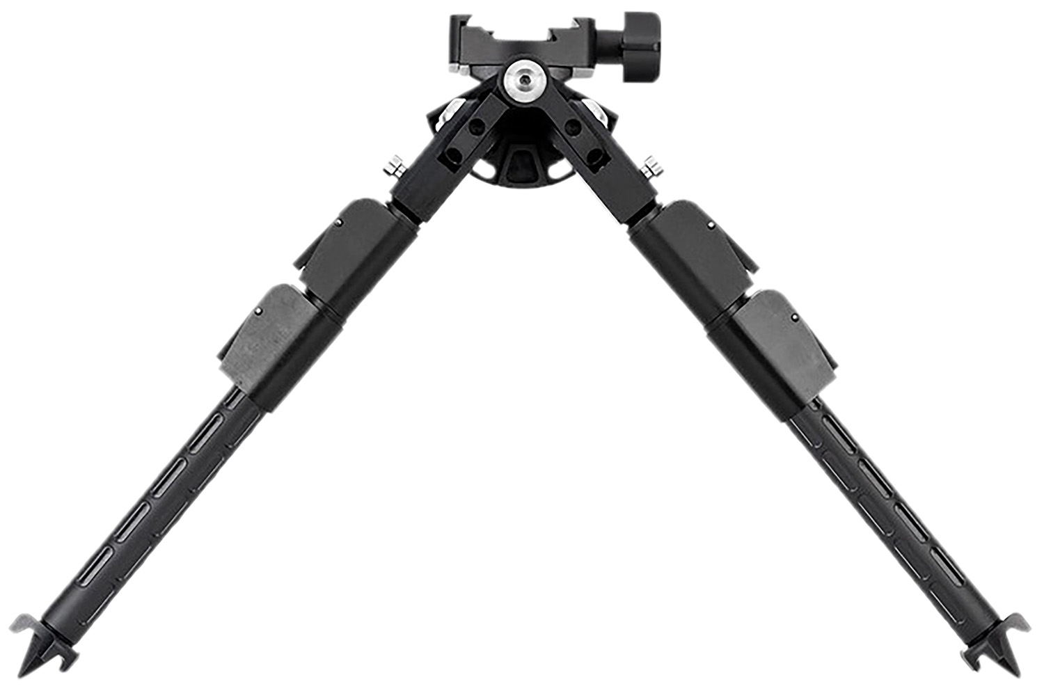 Black adjustable rifle bipod with spiked feet