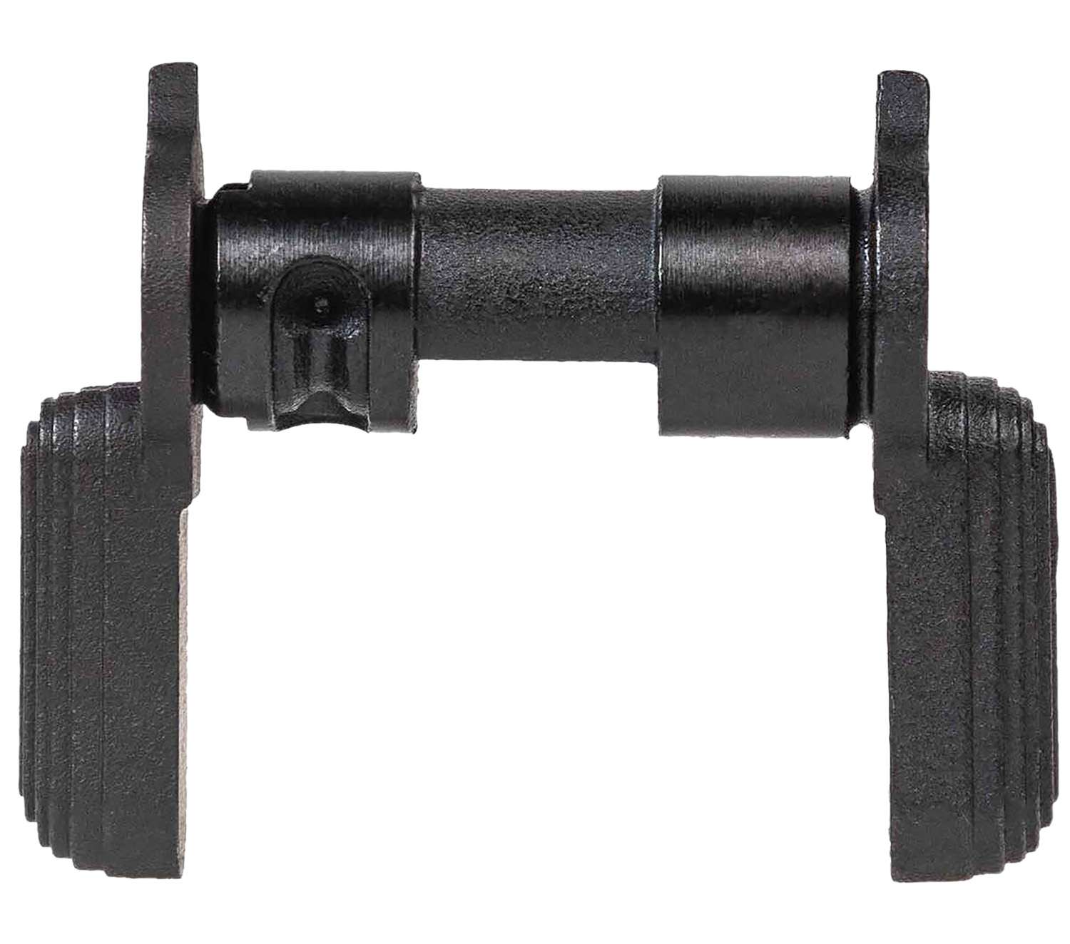Black metal hinge component with threaded ends