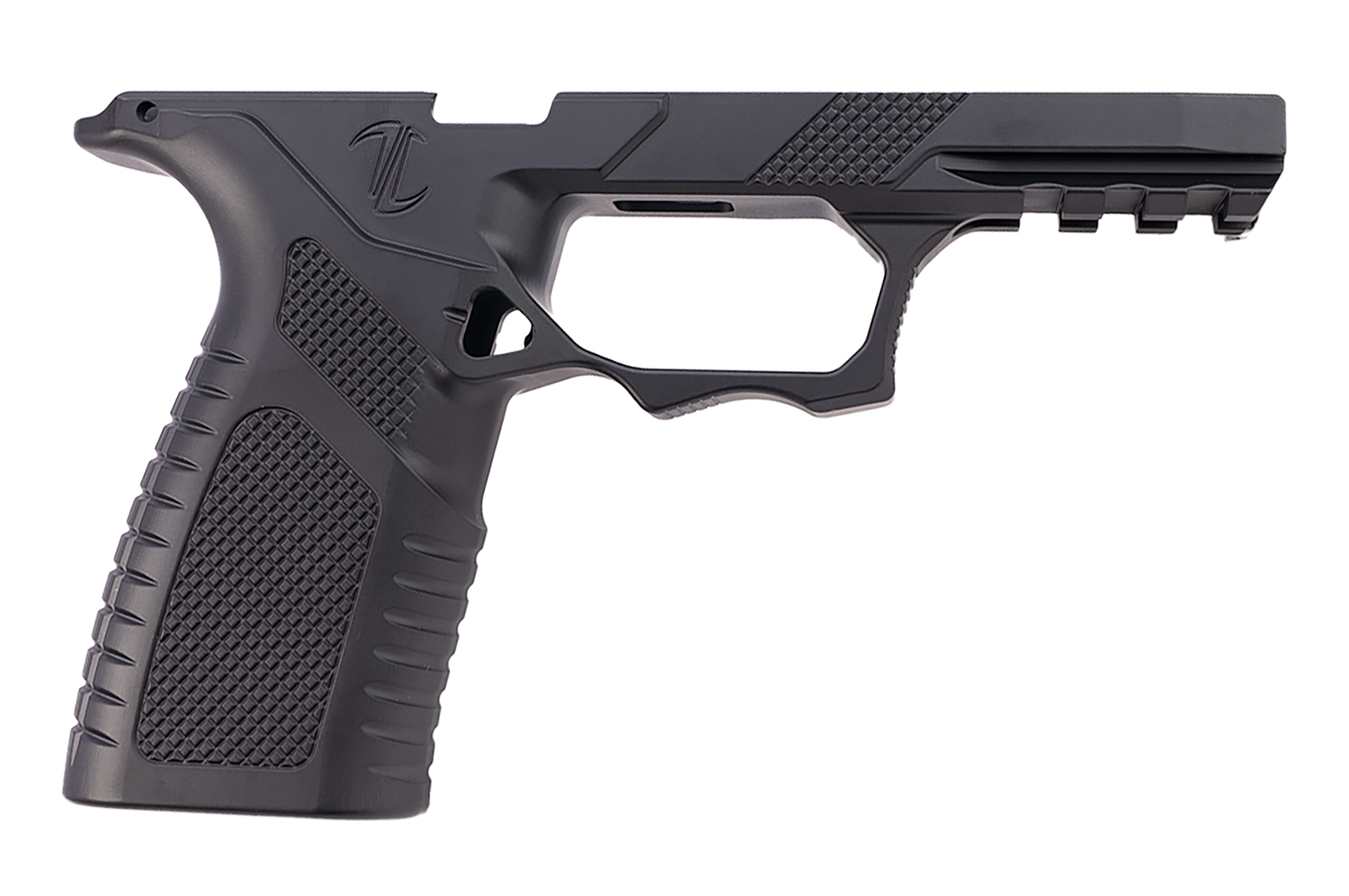 Black polymer pistol frame with textured grip