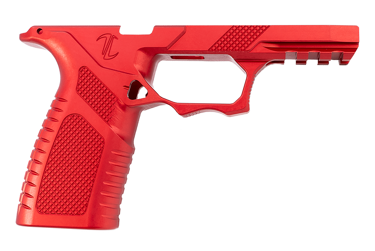 Red polymer handgun frame isolated on white background
