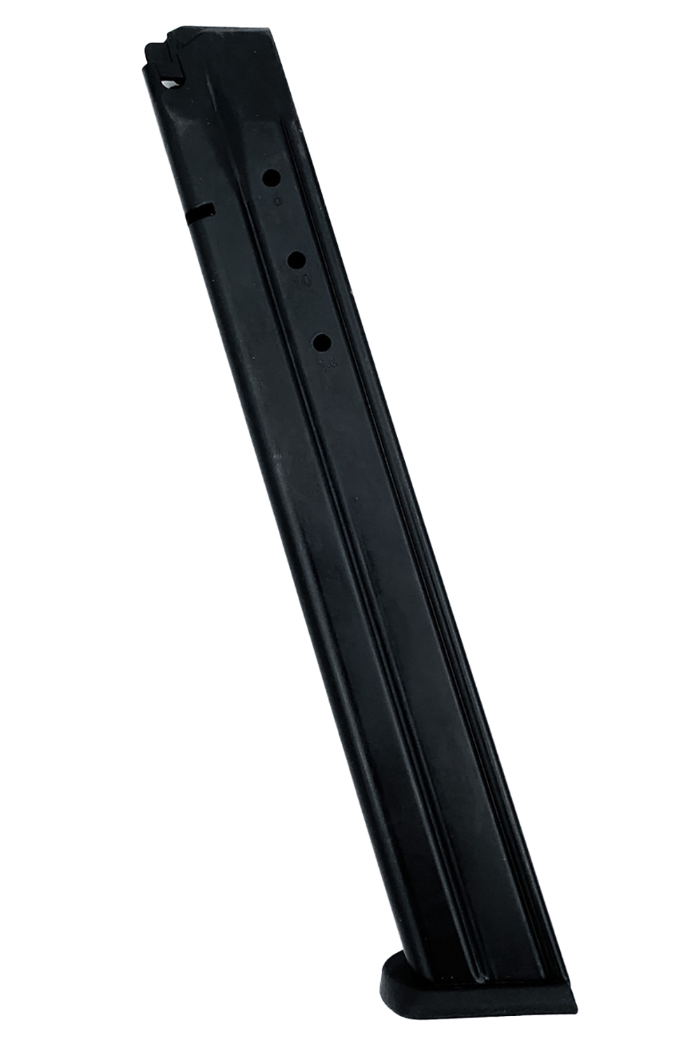 Black metal handgun magazine on white background