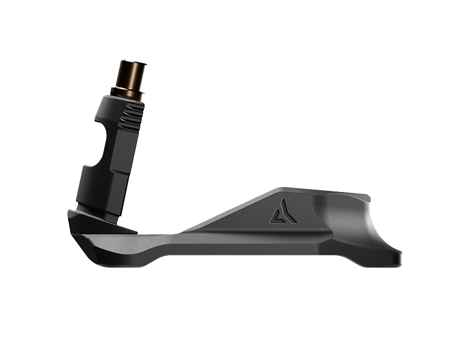 Black metal mechanical component with angled attachment