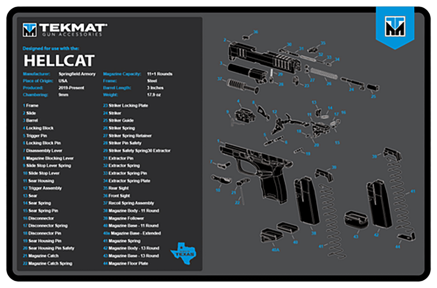 Exploded diagram of Springfield Hellcat pistol parts