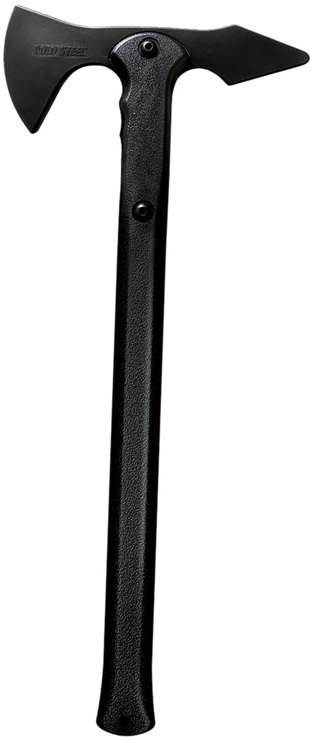 Black tactical tomahawk axe on white background