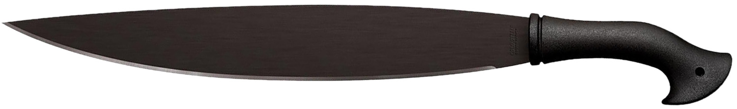 Black machete with curved handle on white background