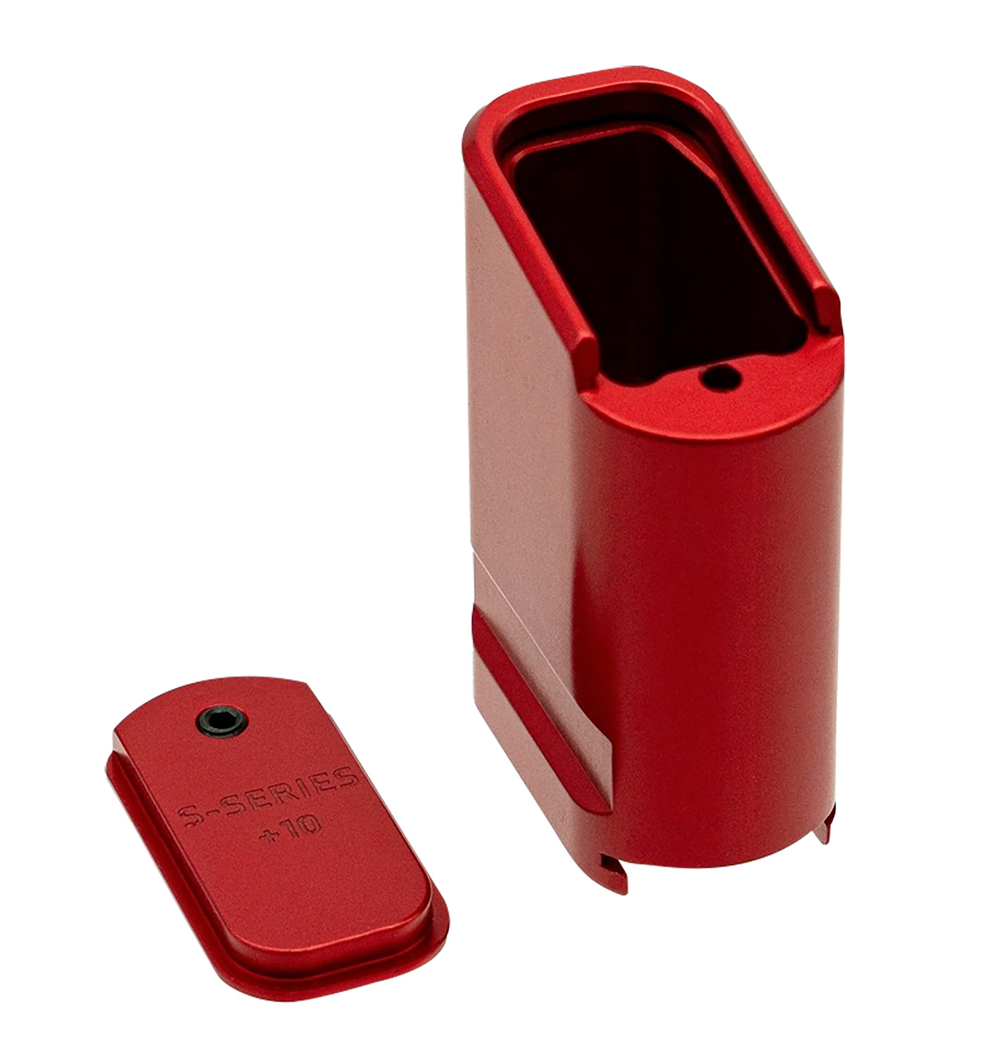Red aluminum pistol magazine extension and base plate